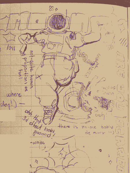 paper doodle of an astronaut suit, whose limbs stretch freakishly long