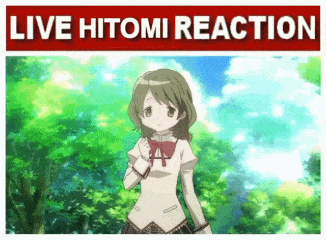 a gif of hitomi gesticulating sadly and then scampering off into the distance. text at the top reads "LIVE HITOMI REACTION"